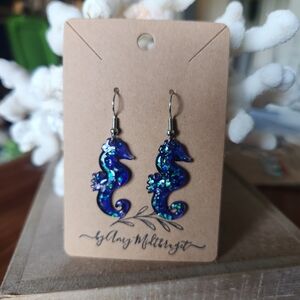 Hand Crafted Iridescent Blue Seahorse Earrings